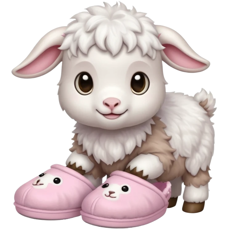 a baby goat emoji wearing pastel pink chunky slippers emoji