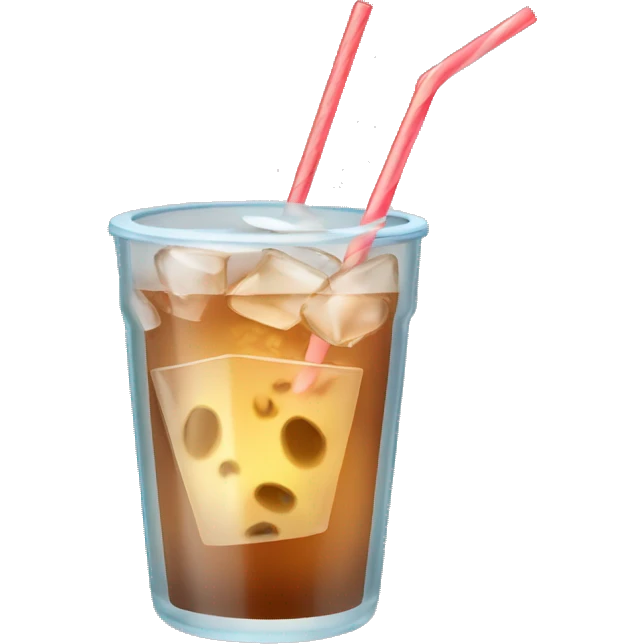 Clear glass cup with light brown drink, ice, and straw emoji