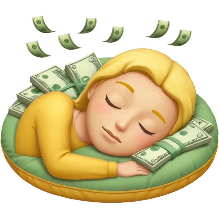 a round yellow IOS style emoji of a face sleeping on a pillow of money emoji
