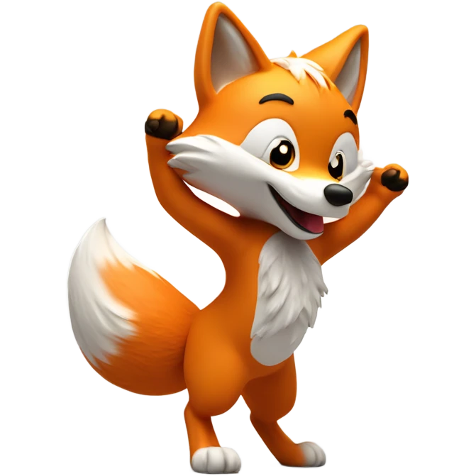 emoji of a dancing fox. orange body with fluffy tail. vibrant, exaggerated white paws. soft fur details. playful. enlarged head in cartoon style. head turned towards viewer. 3d lighting. no cast shadows emoji