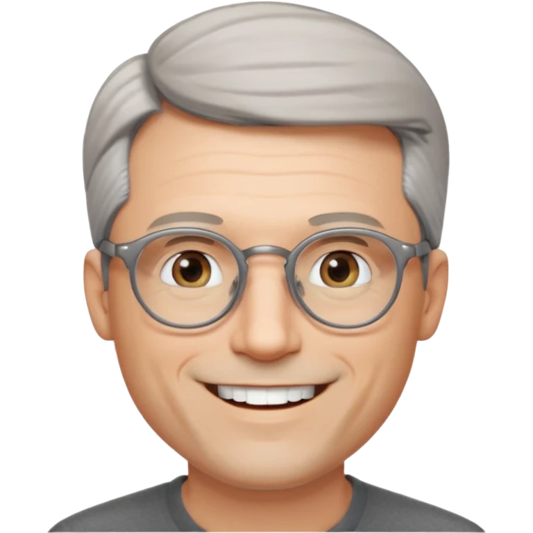 40 yr old pale white man, grey side swept hair, round glasses, big smile, white teeth, handsome, longer hair, thin glasses emoji