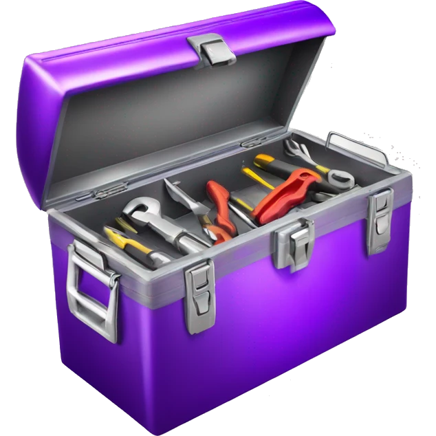 Realistic metallic purple tool box with top open and tools inside of it isolated.  emoji
