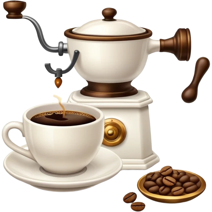 coffee shop essentials: coffee cup, pastry, coffee beans, and coffee grinder emoji