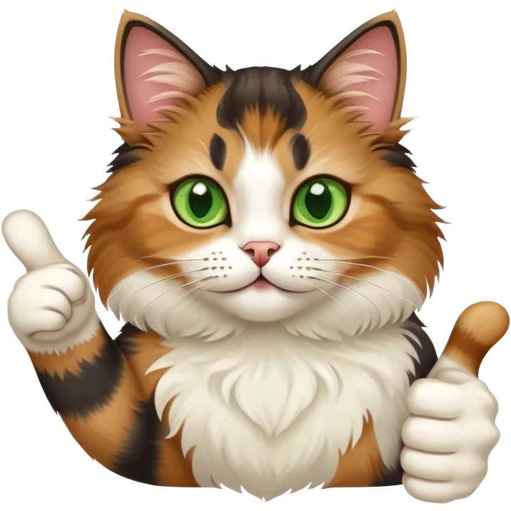 tricolor fluffy cat with big green eyes giving thumbs up emoji