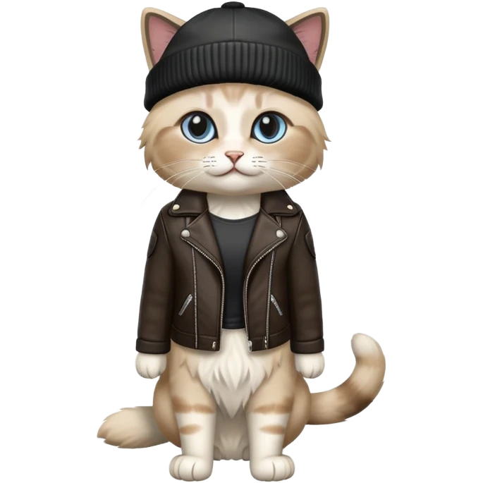 Ragdoll cat wearing a leather jacket and a beanie emoji