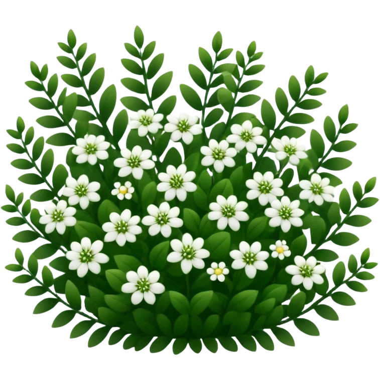 A dense bush with dark leaves and a curved organic shape with small white flower emoji