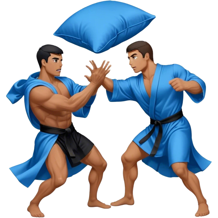 Two muscular men silk blue black robe pillow fight  emoji
