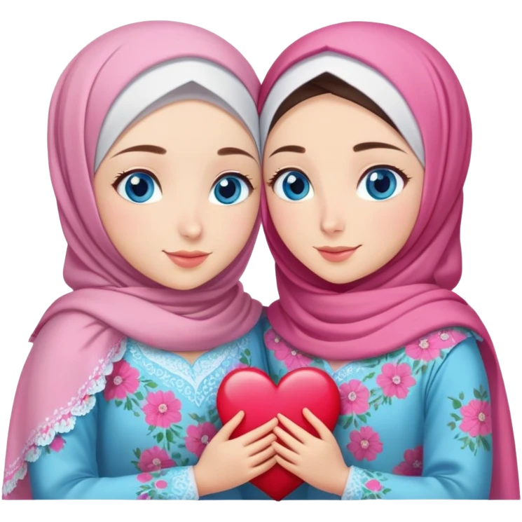 Two friendly Turkish girls beautiful finish Konya blue eyes with pink floral hijab and heart dress and hugs  emoji