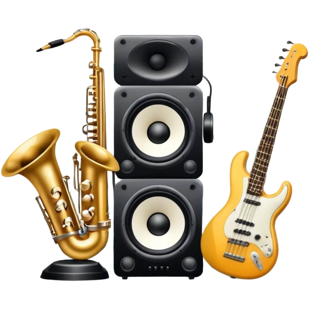 Icon for R&B Music Listening: large concert speakers and headphones with waves of musical notes coming out, along with drums and bass guitar and saxophone. The icon should convey the energetic and rhythmic vibe of R&B music. Transparent background emoji