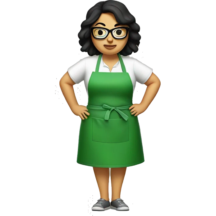 chubby lady with black hair green apron  with glasses cooking tacos emoji