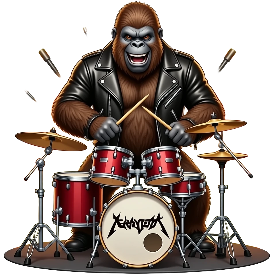 Bigfoot playing heavy metal drums with pyrotechnics shooting flames behind him emoji