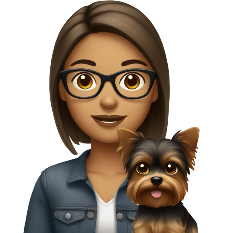 Hispanic, straight Brown hair, girl with glasses holding tan yorkie dog emoji