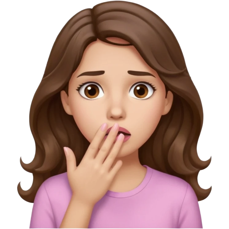 girl with wavy long brown hair, brown eyes, light to medium complexion, long lashes, light pink lipstick, wearing light pink shirt, shocked, hand covering mouth emoji