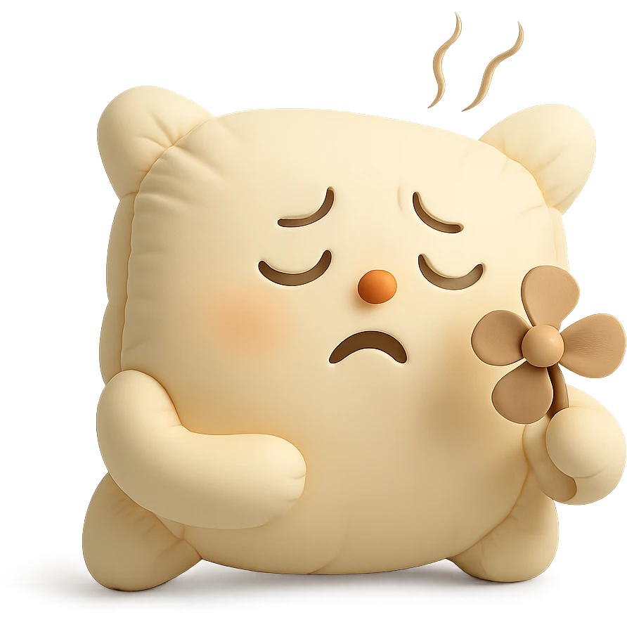 plush cushion face fanning itself, hot weather, stylized and cute, cushion style emoji