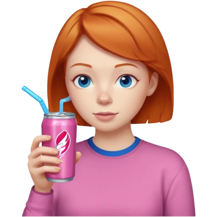 ginger woman short hair, pink shirt, sipping energy drink blue eyes cosy  emoji