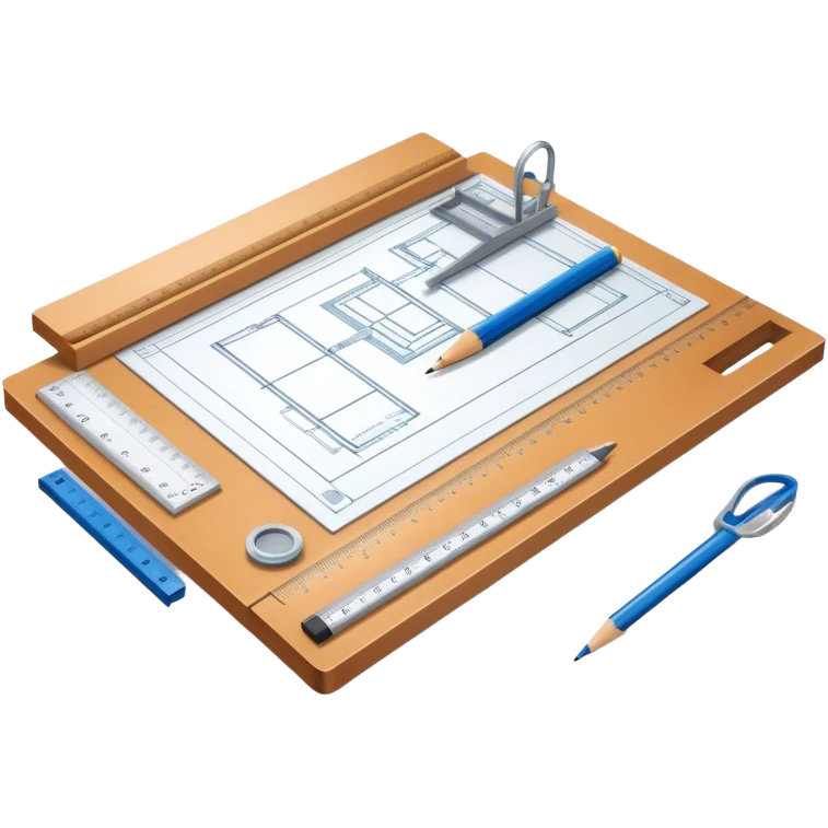 Sleek icon for Architecture: engineer's drawing board with blueprints 3D model of building,  pencil, architect's rulers and protractor. Transparent background. emoji