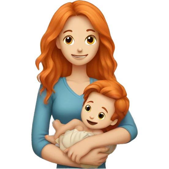 Girl with long orange hair holding baby boy with brown hair emoji