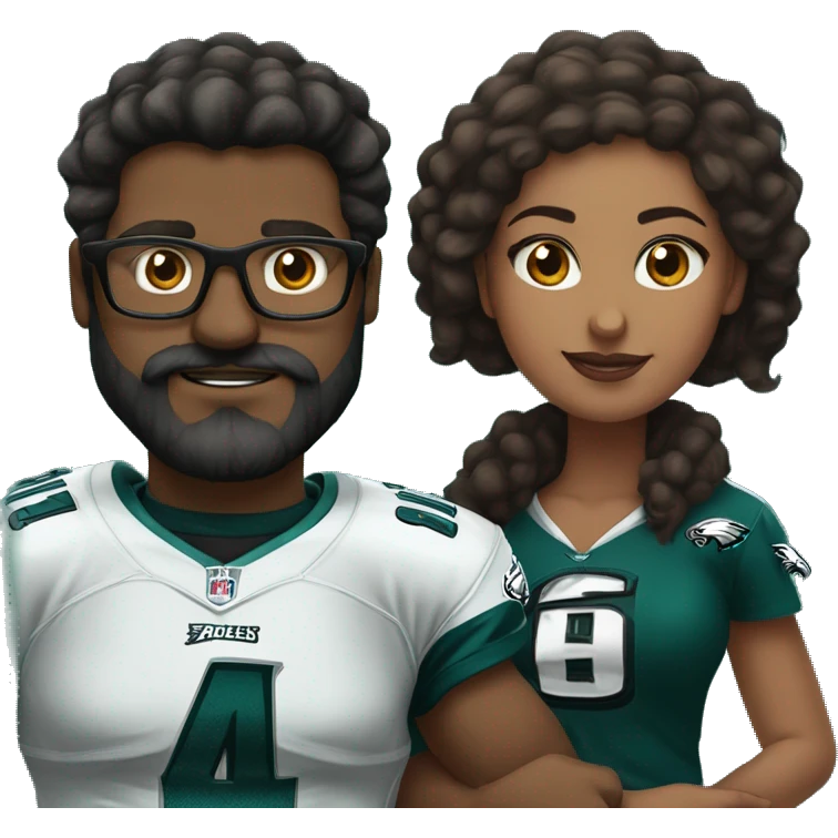 Heavy Brown guy with beard mustache and brown girl with glasses and her hair in a bun in Philadelphia eagles clothes holding hands emoji