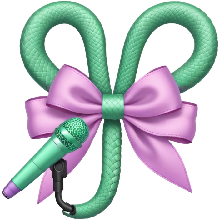 A pastel pink bow with a pastel green snake on the top of one side and a pastel purple microphone on the bottom of the other side emoji