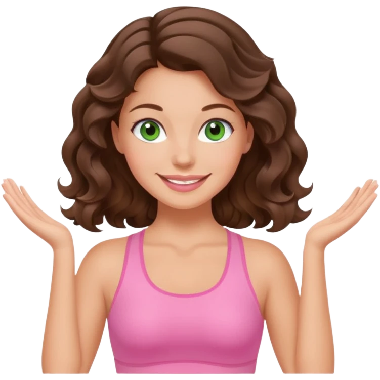 White, green-eyed, brunette cute feminine lady emoji with wavy hair doing pilates wearing pink pilates fit emoji