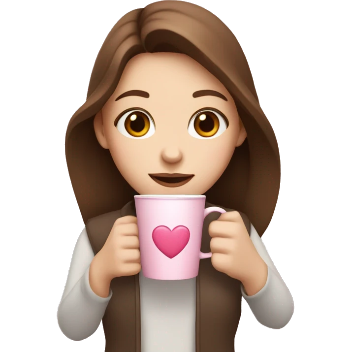 pale girl with brown hair holding a pink coffee cup with a heart in the middle emoji