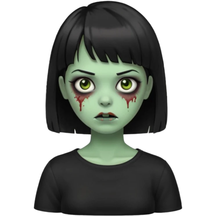 Zombie girl emoji verde com cabelo curto liso preto no ombro e franja na altura da sobrancelha com uma blusa preta emoji