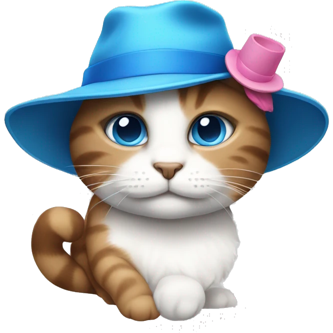 Brown and white cat with blue eyes with a pink hat emoji