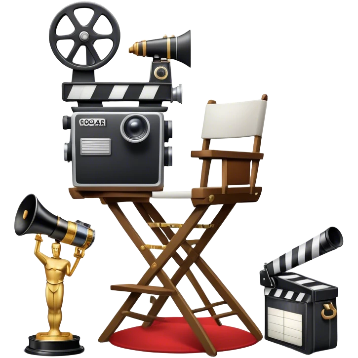 Icon for Directing: a director's chair, a large film camera, a megaphone, a stage set with lights and an Oscar statuette. The icon should represent the creative and leadership aspects of directing, with focus on film and theater production. Transparent background. emoji