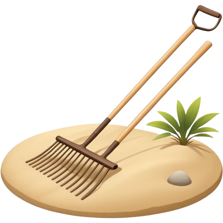 Minimalist emoji of a traditional Japanese zen garden rake (kumade) thin and balanced lines, natural light wood texture, soft sand-beige and warm neutral tones, flat vector style with subtle depth, centered composition, transparent background emoji