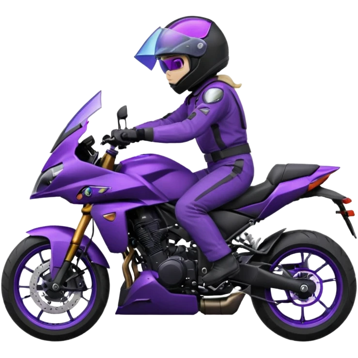 Créer un emoji avec une moto mt07 sport noir mate / violet iridescent très foncé, pare-brise de la moto violet. Avec une pilote dessus visière violet sombre visage caché . Avec fond arrière violet en arrière plan. emoji