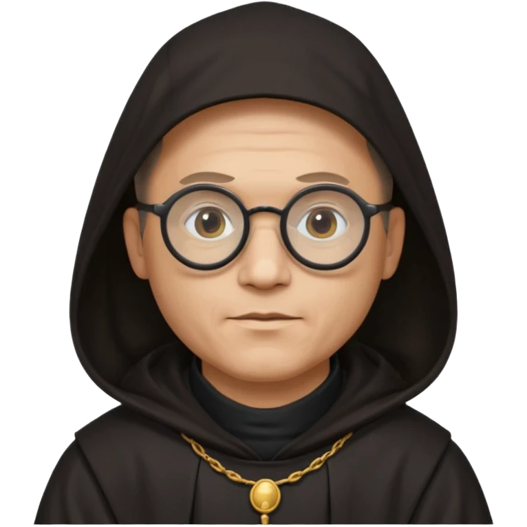 Monk priest prayer black habit with hood round black glasses done light brown wavy hair under hood remove the medallion smaller more round glassed age 46  emoji