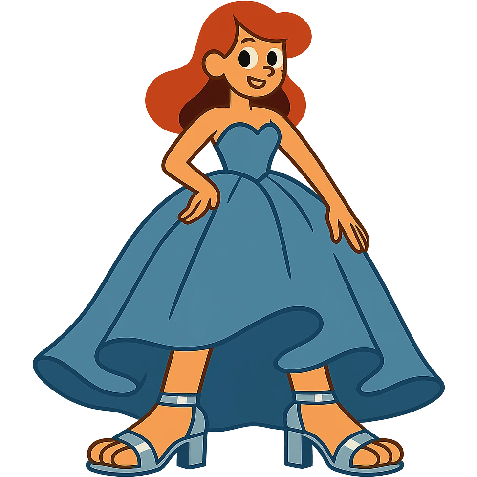 girl with big feet wearing silver heels and a big blue-grey prom dress emoji