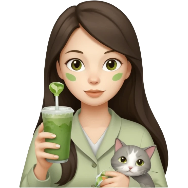 a brunette woman with long hair in here 30S drinking an iced matcha, carrying a grey cat and a map of the world emoji
