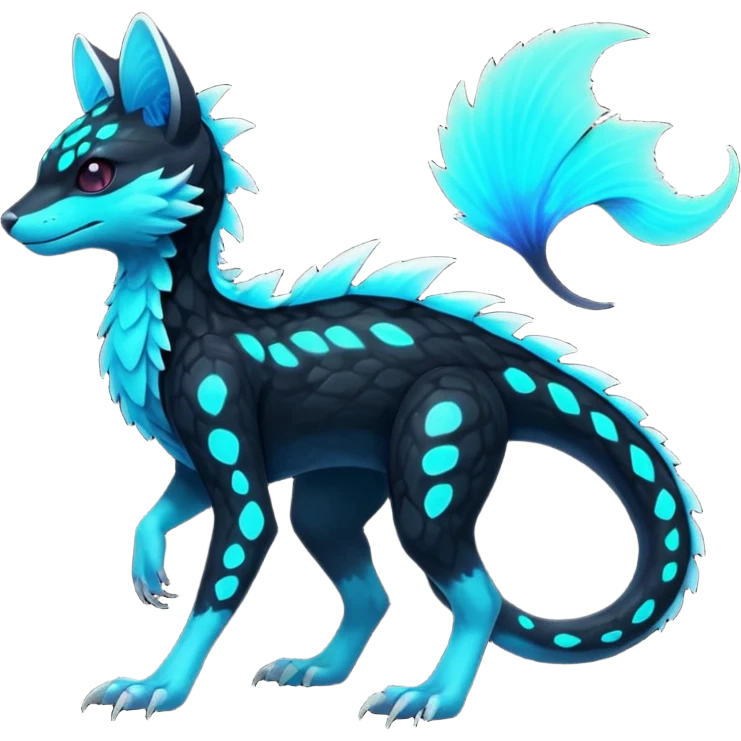 Rare realistic black-scaled neon-glowing bioluminescent edgy badass epic pretty beautiful handsome gorgeous aesthetic colorful vibrant Vernid-Trico-species-Fakemon-creature by LiLaiRa, 4 legs, 1 tail, random markings, (full body) emoji