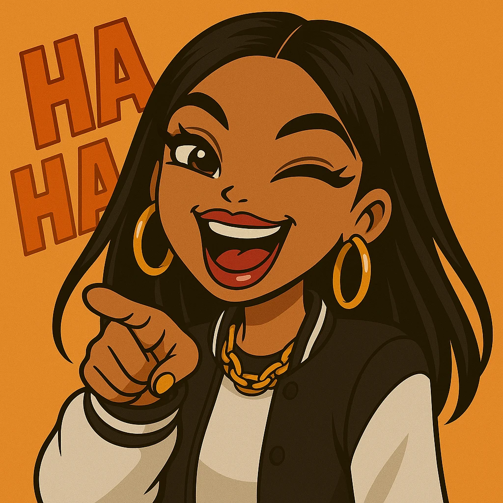 Keep her pointing and laughing with 'ha ha ha' in the background, headshot only, 20-year-old anime Bratz style woman with dark skin, straight hair, more trendy outfit, big expressive eyes, glossy lips, no hat, no tears, happy expression, looking straight ahead. The style should reflect anime Bratz aesthetics with vibrant colors and expressive features. emoji