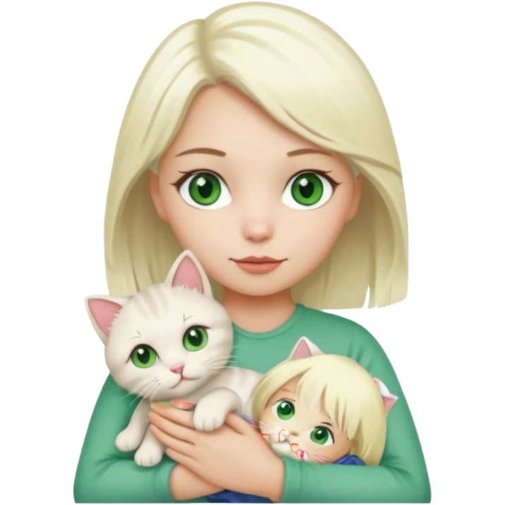 Platinum blonde hair girl with green eyes holding rag doll cat  emoji