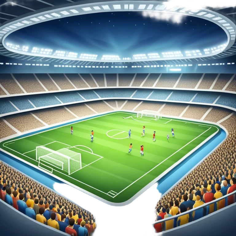 An icon featuring a large stadium with a football match in progress, players in action on the field, and a cheering crowd in the stands. Bright floodlights illuminate the pitch, creating an intense atmosphere of competition. The transparent background highlights the thrill of live sports events. emoji