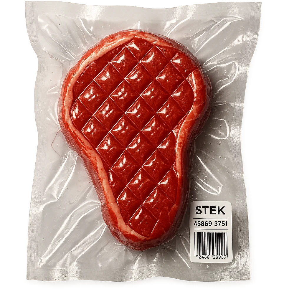 diamond-textured meat steak, shiny and inflated, vacuum-sealed style emoji
