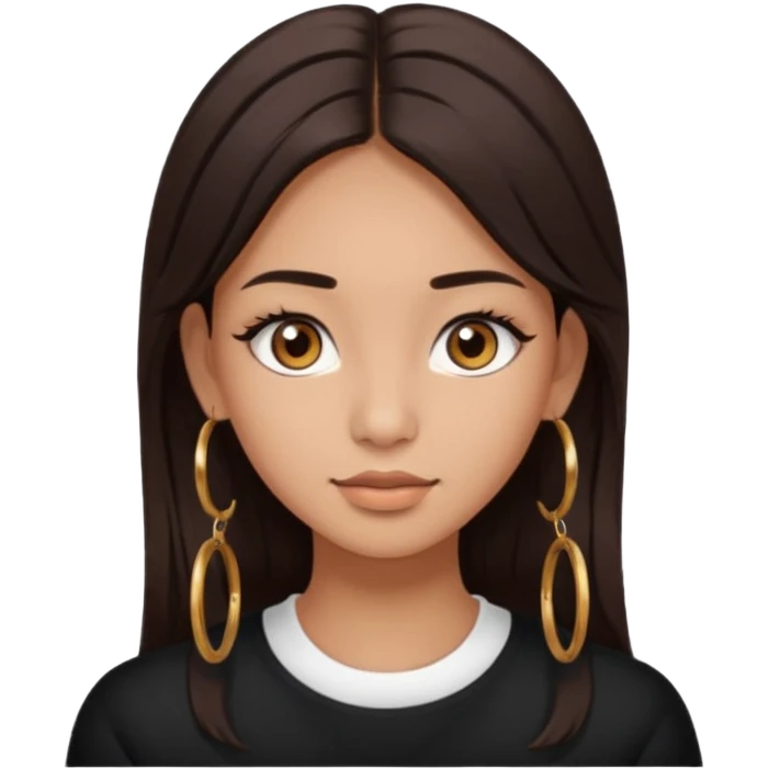 girl with brown asian eyes, long eyelashes, layerd mid length hair dark brown, tanned skin hoop earrings middle parting hair  emoji
