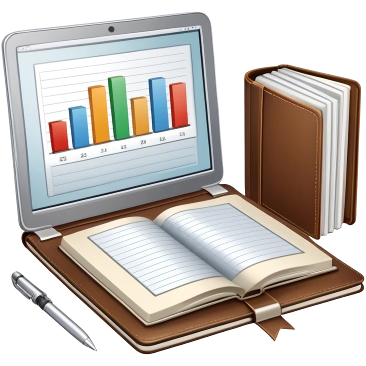 Icon for Business Reading: a prominent book at the forefront, laptop and notepad around it, along with a bar graph. The icon should represent the knowledge and strategy of business literature. Transparent background. emoji
