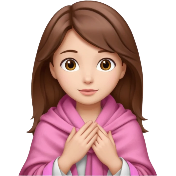 A girl with brown hair, wearing a pink shawl, has beautiful features and her hand rests on the shawl. emoji