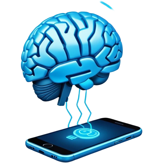 Futuristic smartphone connecting to human brain, AI-powered telepathic communication, glowing with advanced technology emoji