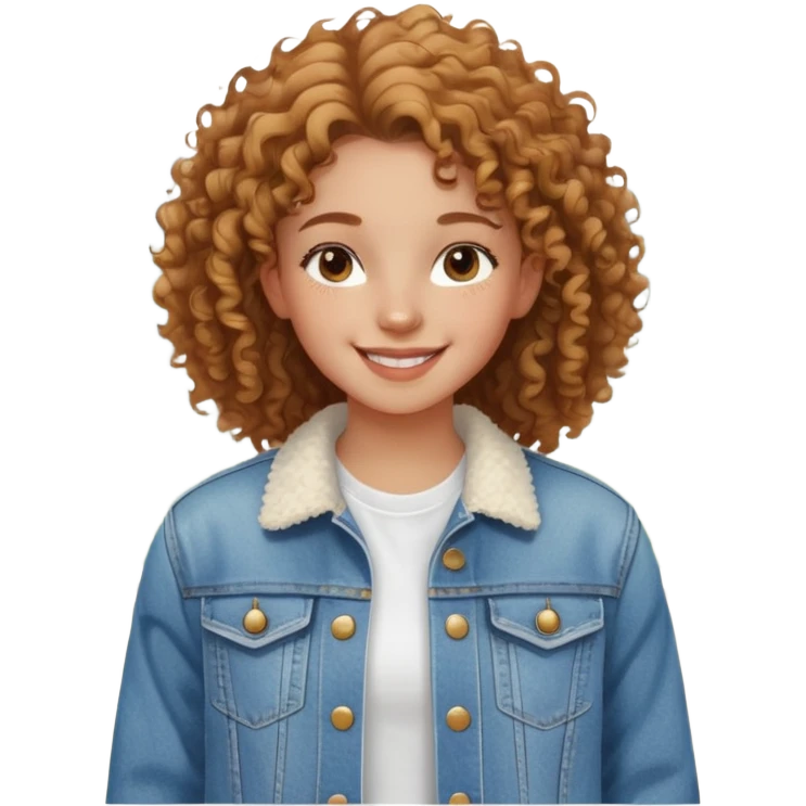 A half-body shot of a young girl with natural, curly hair and a radiant smile. She’s dressed in a casual white t-shirt and denim jacket, with a sunny outdoor background emoji