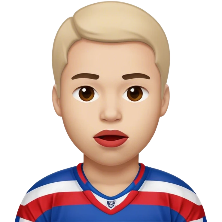 Jugadora de hockey con camiseta rayada horizontal de color azul, blanco y rojo, con gesto de labio mordiendose emoji