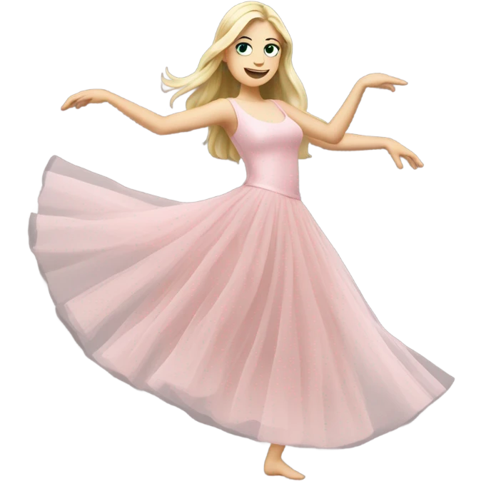 Realistic White woman with Long blonde straight hair and green eyes, full body wearing Long soft pink tiered tulle dress, dancing emoji