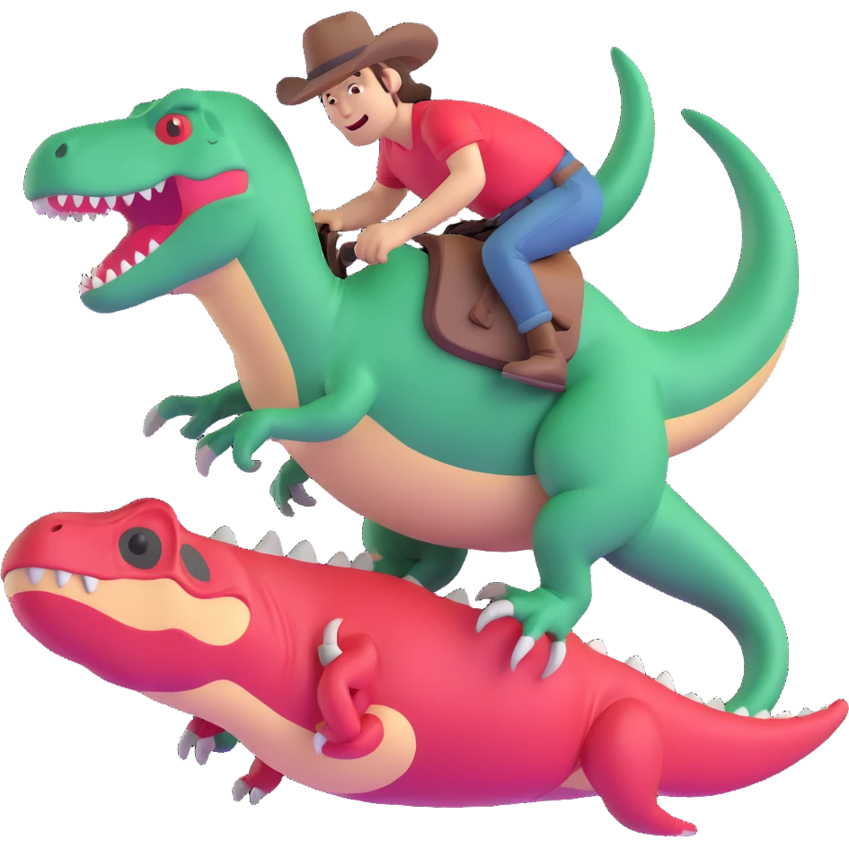 fun and playful cowboy sliding on a green t-rex emoji