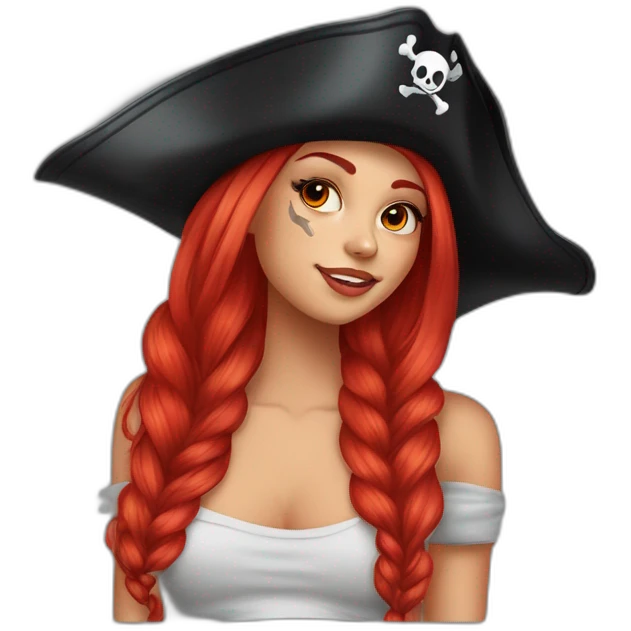 Woman long red platted hair on one side, other side of head is shaved. Tattoo under shaved hair. pirate hat, skull and crossbones t shirt emoji