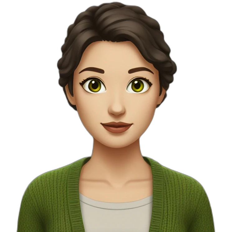 Woman, 25, square face, high cheekbones, small forehead wrinkles, green eyes, short length dark brown hair, wearing cardigan emoji
