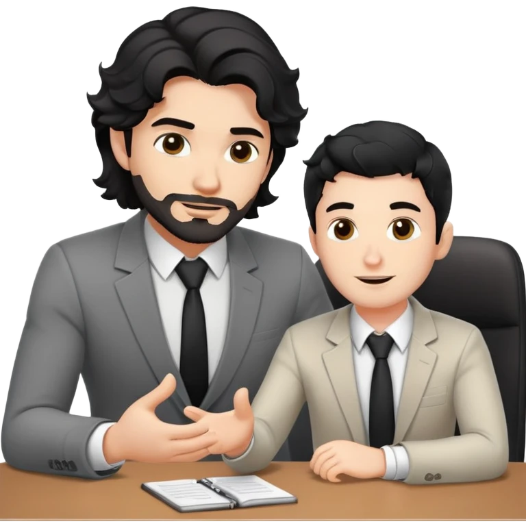 Professional 35-year-old man with black wavy hair, stubble, strong jawline, white skin tone, wearing smart casual business attire, sitting across from a young professional, providing one-on-one mentorship, gesturing with supportive and guiding expression emoji