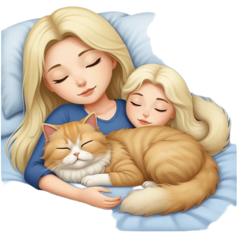 pretty girl with dark long hair sleeping with blonde fluffy  persian cat in bed emoji